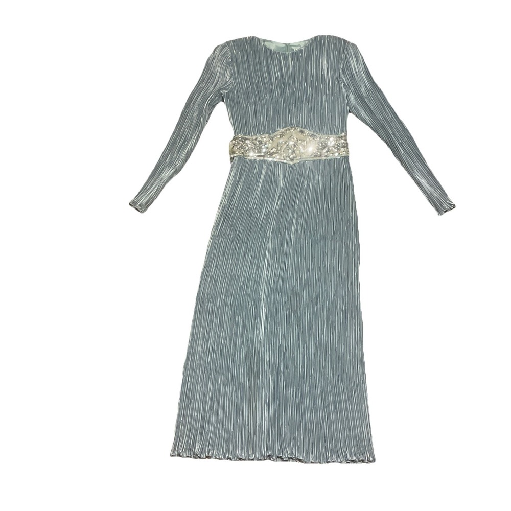 Vintage Ricki Lang for Nuit Women's Blue Fortuny Pleats Sequin Belt Dress Size 6